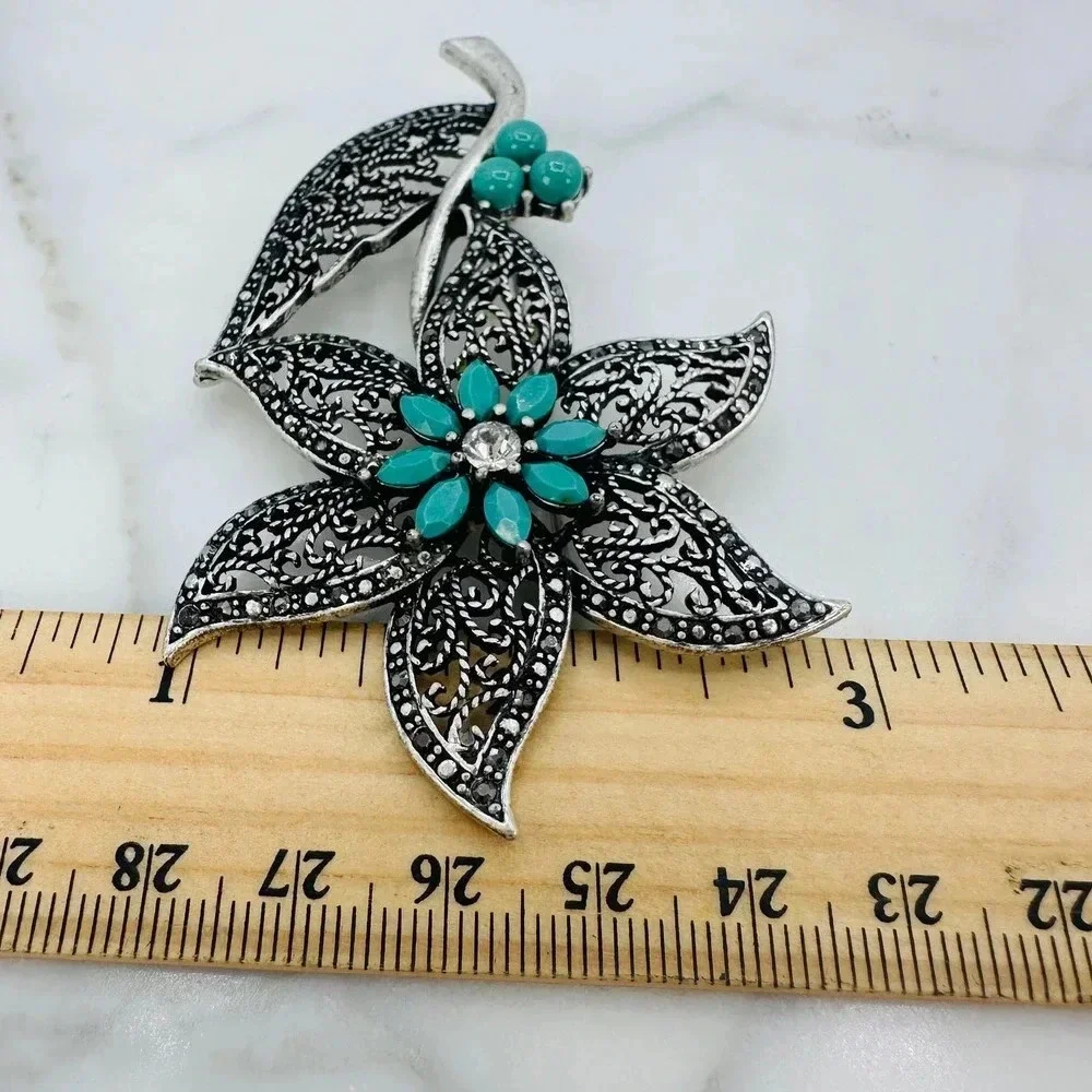 Big 3.25” Flower Brooch Pin Filigree Faux Turquoise Rhinestone Marcasite